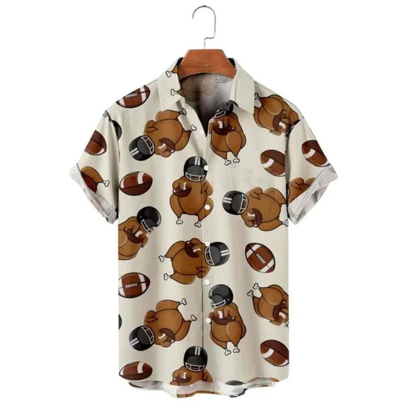 Mokaloha Men's Thanksgiving Fun Turkey Football Print Short Sleeve Button Down - Picture 1 of 7